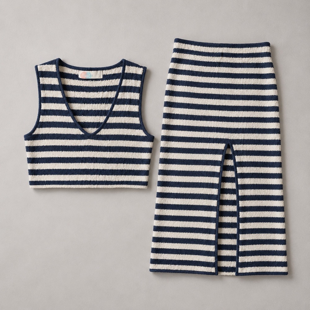 1292 |‎ Free People FP Beach Striped Terry Cloth Crop Top Midi Skirt Set Navy L